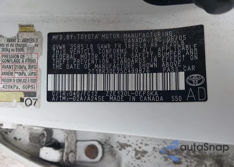 2005 Toyota Corolla S from USA, damaged, VIN 2T1BR30E25C499876